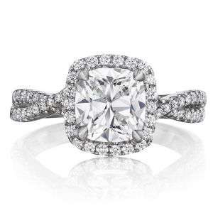 Henri Daussi AWK Cushion Halo Interlaced Shank Diamond Engagement Ring