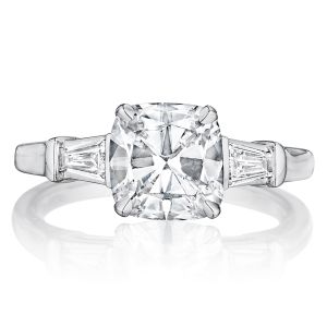 Henri Daussi AWT Classic Cushion with Tapered Baguette Diamonds Engagement Ring