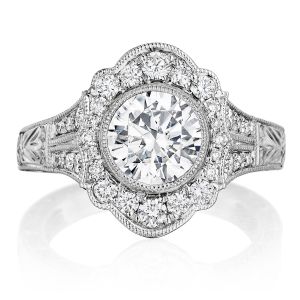 Henri Daussi BFL Round Pave Halo Engraved Antique Diamond Engagement Ring
