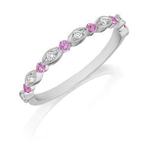 Henri Daussi R26-12 Bead Set Milgrain Diamond and Pink Sapphire Band