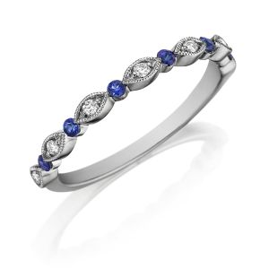 Henri Daussi R26-6 Bead Set Milgrain Diamond and Blue Sapphire Band