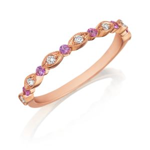 Henri Daussi R26-7 Rose Gold Bead Set Milgrain Diamond and Pink Sapphire Band