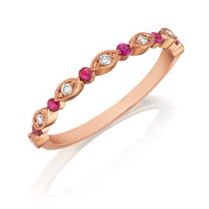 Henri Daussi R26-8 Rose Gold Bead Set Milgrain Diamond and Ruby Band