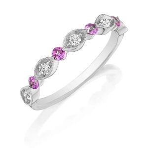 Henri Daussi R37-12 Bead Set Milgrain Diamond and Pink Sapphire Band