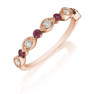 Henri Daussi R37-8 Rose Gold Bead Set Milgrain Diamond and Ruby Band