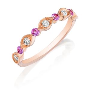 Henri Daussi R37-7 Rose Gold Bead Set Milgrain Diamond and Pink Sapphire Band