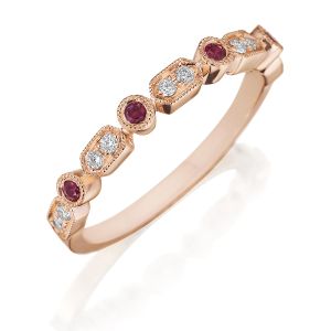 Henri Daussi R43-8 Rose Gold Bead and Bezel Set Diamond and Ruby Band with Miligrain Detail