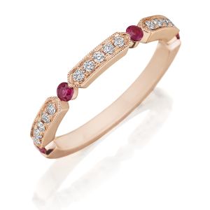 Henri Daussi R44-8 Rose Gold Bead Set Diamond and Ruby Band with Miligrain Detail