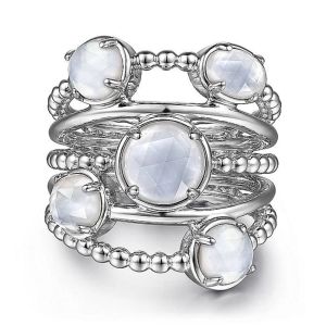 Gabriel Fashion Silver Rock Crystal and White Mother of Pearl Statement Bubble Ring LR52126SVJXM