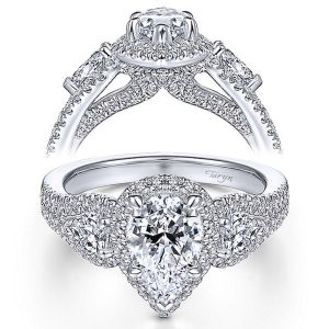 Taryn 14k White Gold Pear Shape 3 Stone Halo Engagement Ring TE14409P4W44JJ