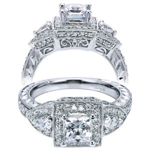 Taryn 14k White Gold Princess Cut 3 Stones Halo Engagement Ring TE5754W44JJ