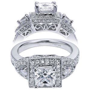 Taryn 14k White Gold Princess Cut 3 Stone Halo Engagement Ring TE5755W44JJ
