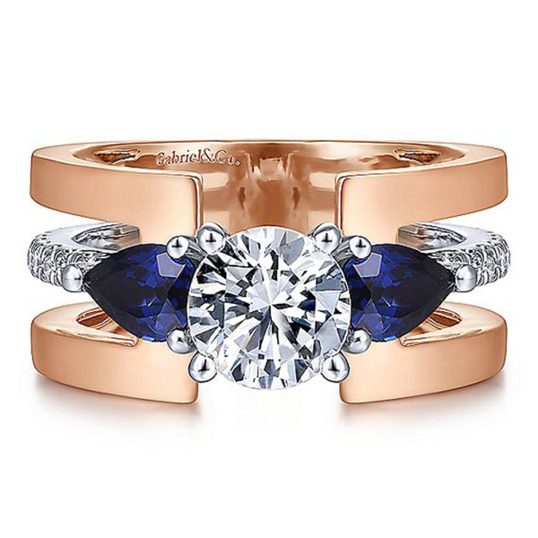 Gabriel & Co. three-stone sapphire engagement ring, 14K white and rose gold
