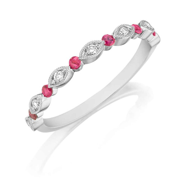 Henri Daussi milgrain ruby and diamond band, bead set with milgrain detail