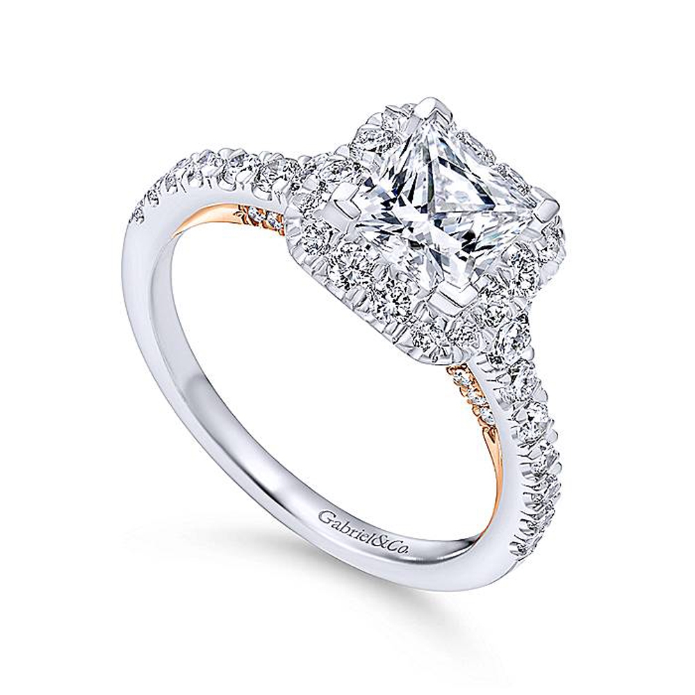 Gabriel 14k White/Rose Princess Cut Halo Engagement Ring ER12836S4T44JJ
