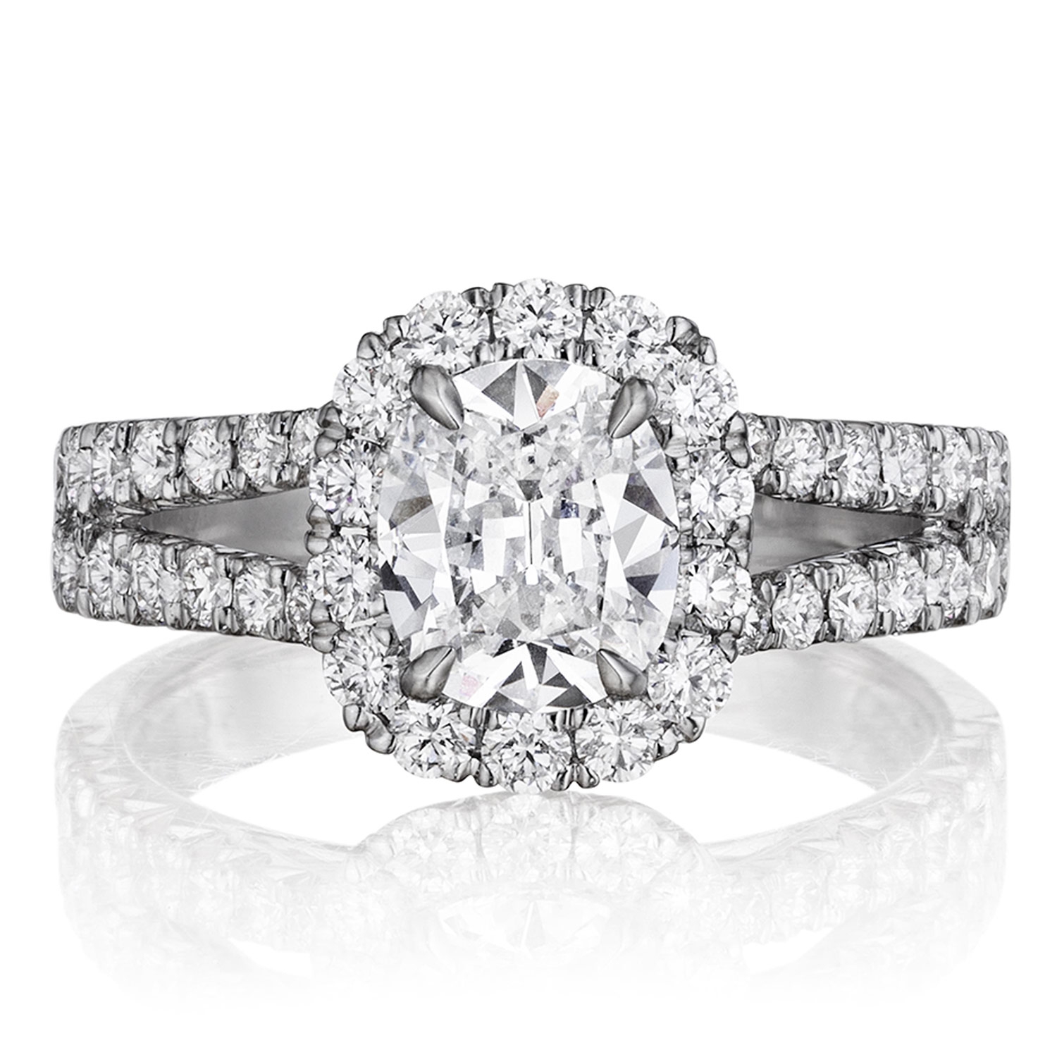 Henri Daussi AU Cushion Halo Split Shank Diamond Engagement Ring