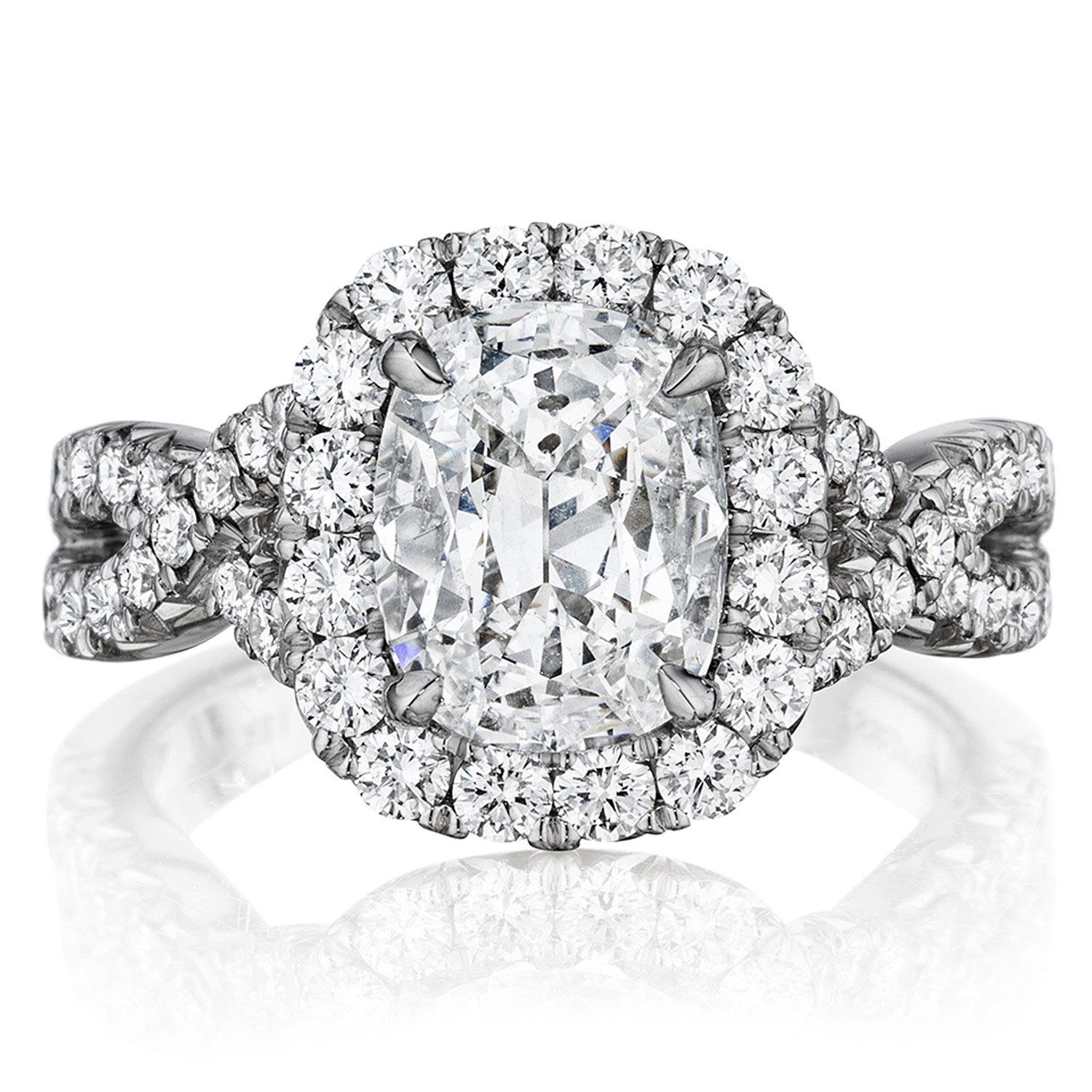 Henri Daussi AW Cushion Halo Interlaced Shank Diamond Engagement Ring