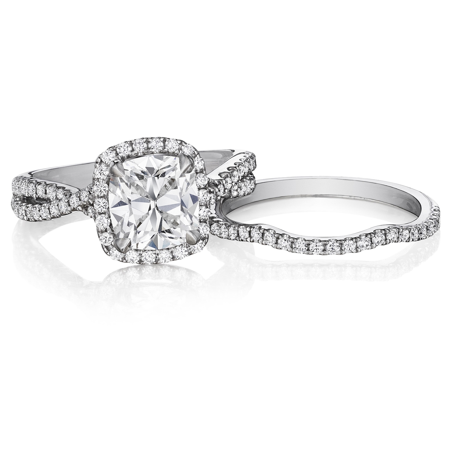 Henri Daussi AWK Cushion Halo Interlaced Shank Diamond Engagement Ring
