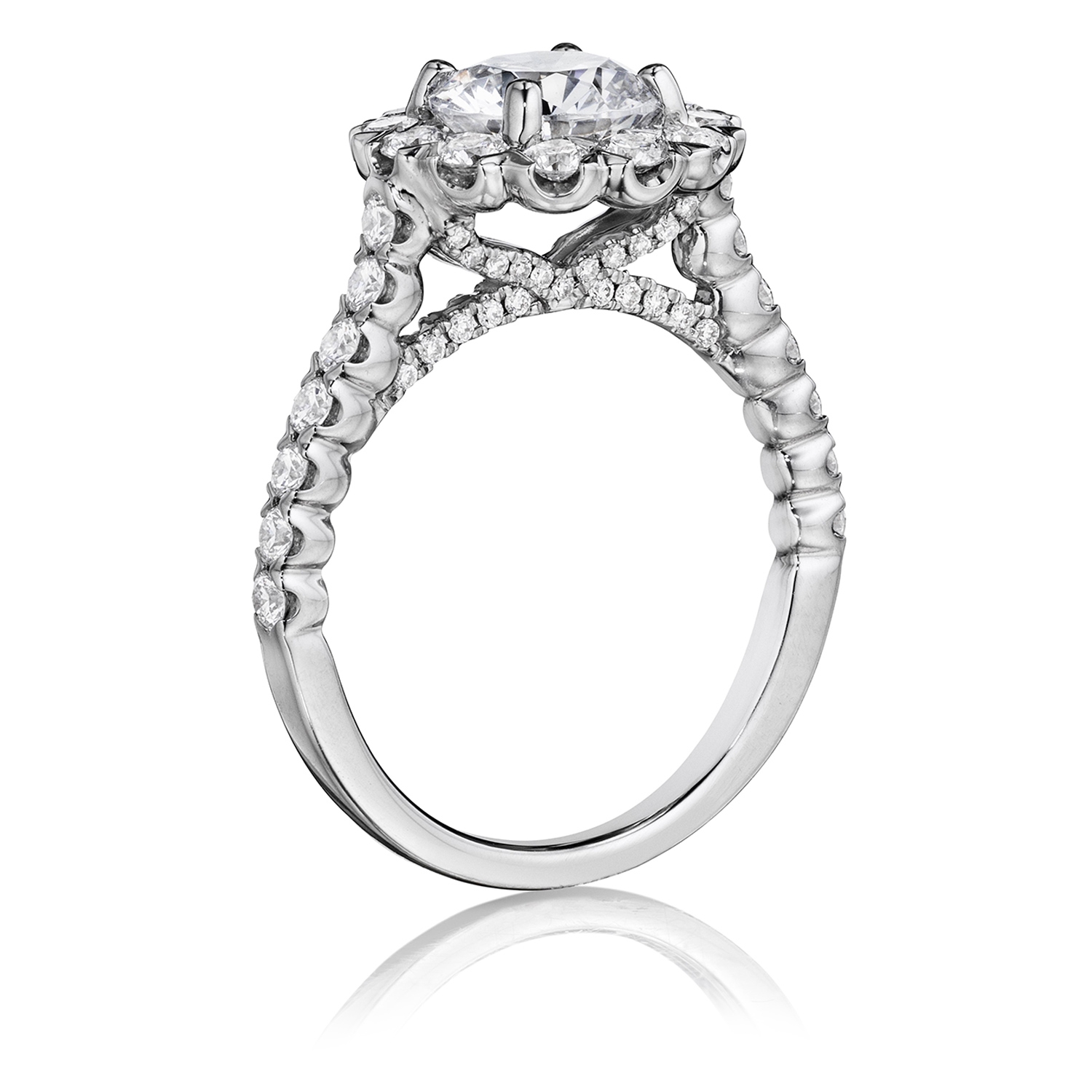 Henri Daussi BJS Unique V-Prong Halo Diamond Engagement Ring