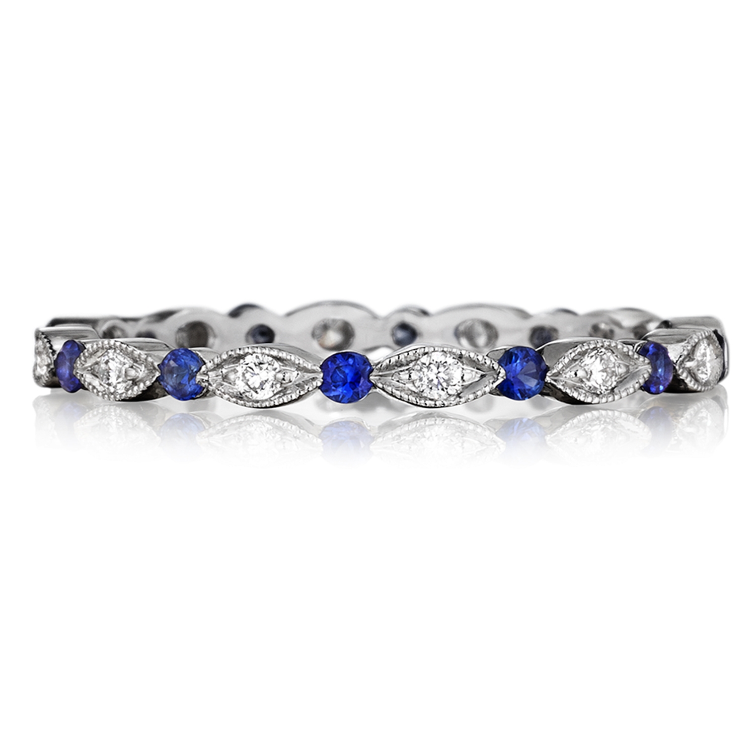 Henri Daussi R26-6 Bead Set Milgrain Diamond and Blue Sapphire Band