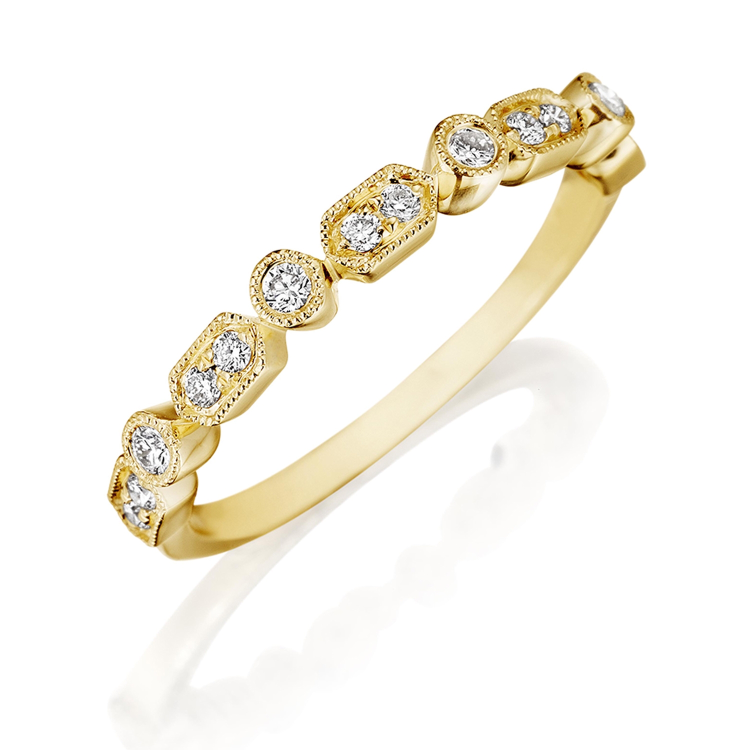 Henri Daussi R43-3 Yellow Gold Bead and Bezel Set Diamond Band with Miligrain Detail