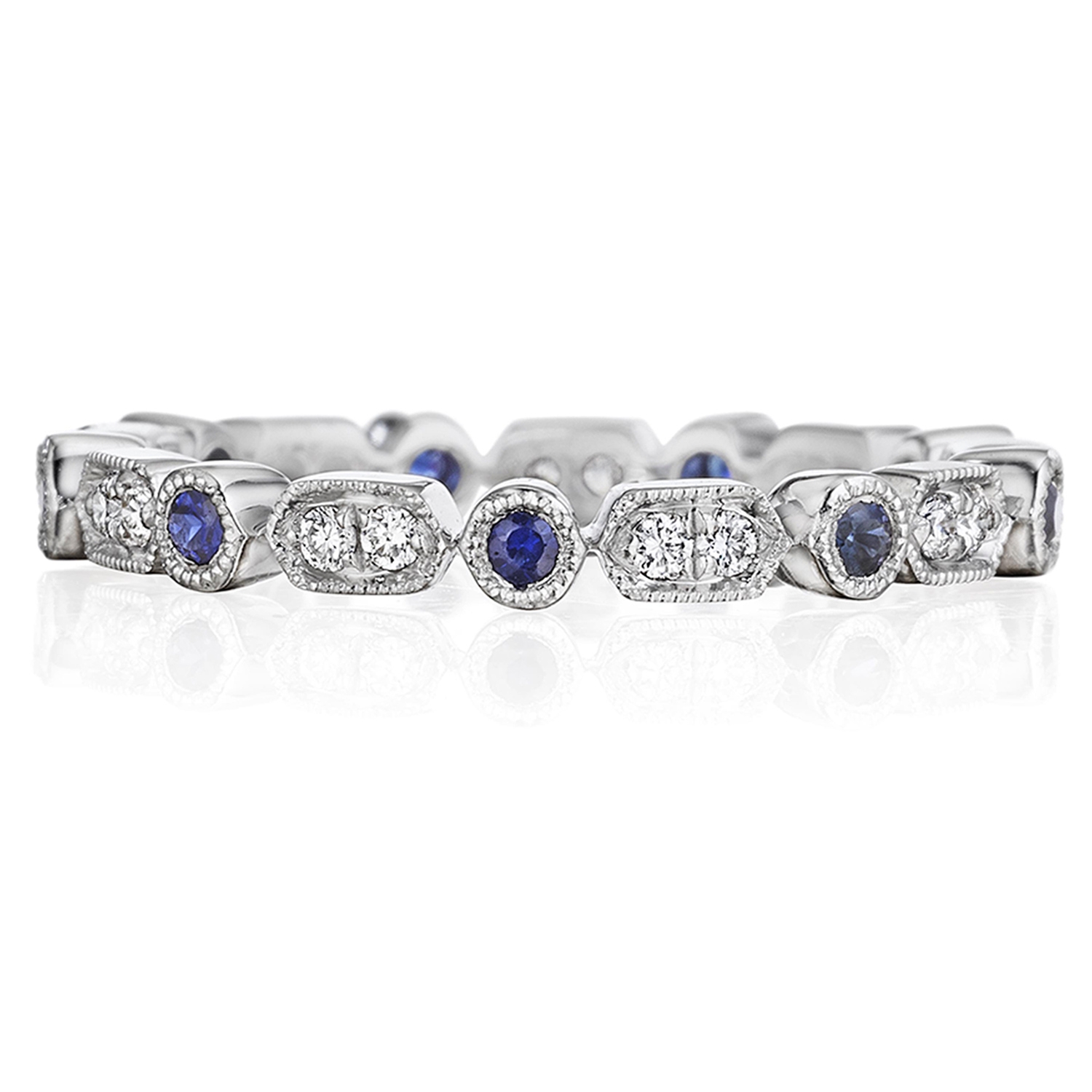 Henri Daussi R43-6 Bead and Bezel Set Diamond and Sapphire Band with Miligrain Detail