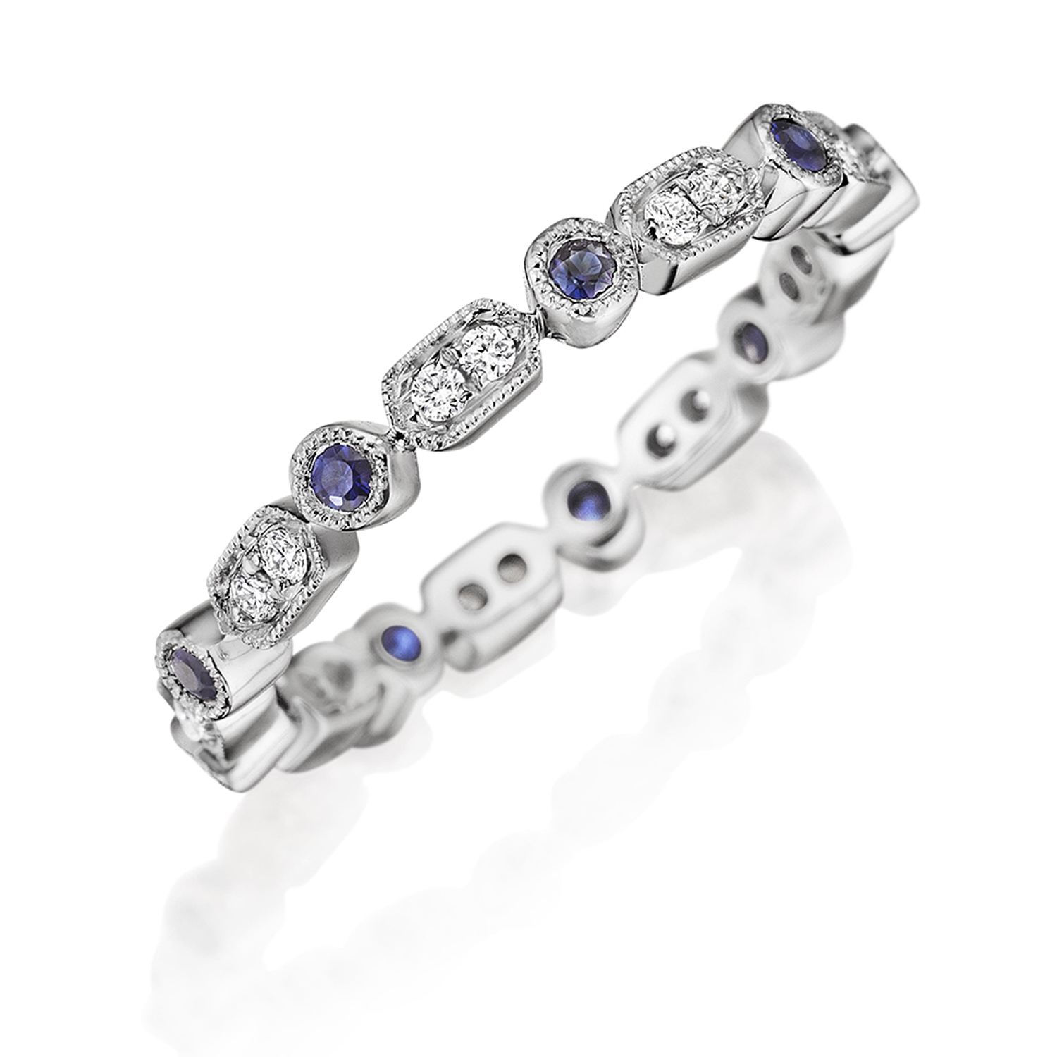 Henri Daussi R43-6 Bead and Bezel Set Diamond and Sapphire Band with Miligrain Detail Alternative View 2