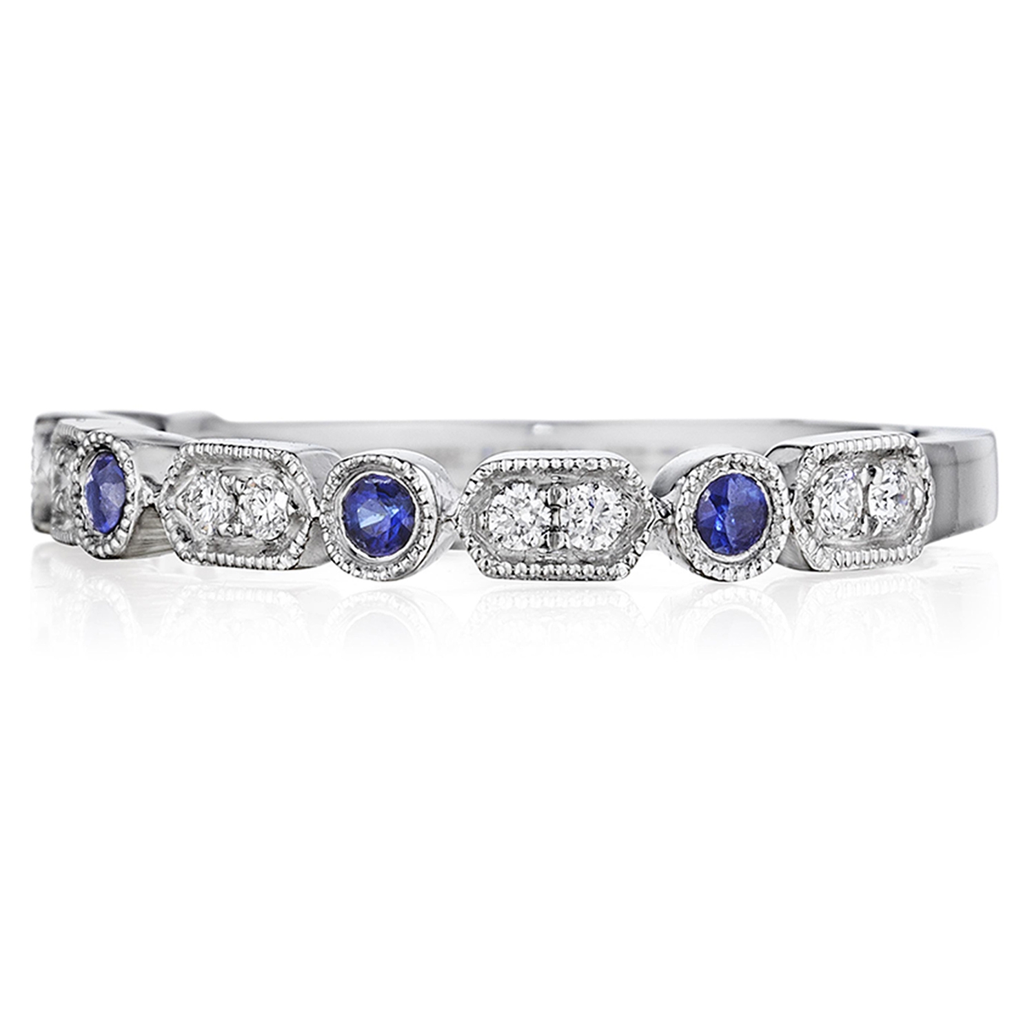 Henri Daussi R43-6 Bead and Bezel Set Diamond and Sapphire Band with Miligrain Detail Alternative View 1