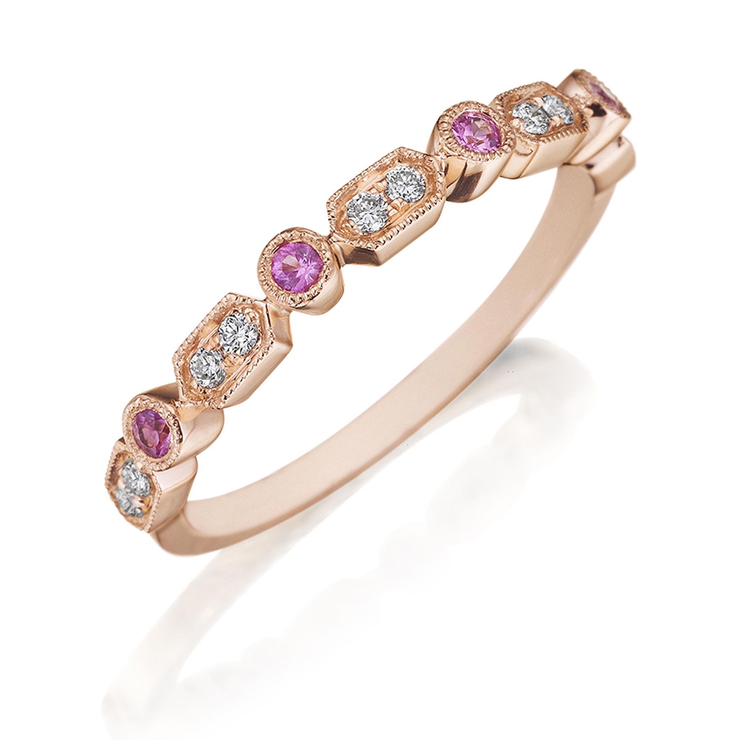 Henri Daussi R43-7 Rose Gold Bead and Bezel Set Diamond and Pink Sapphire Band with Miligrain Detail