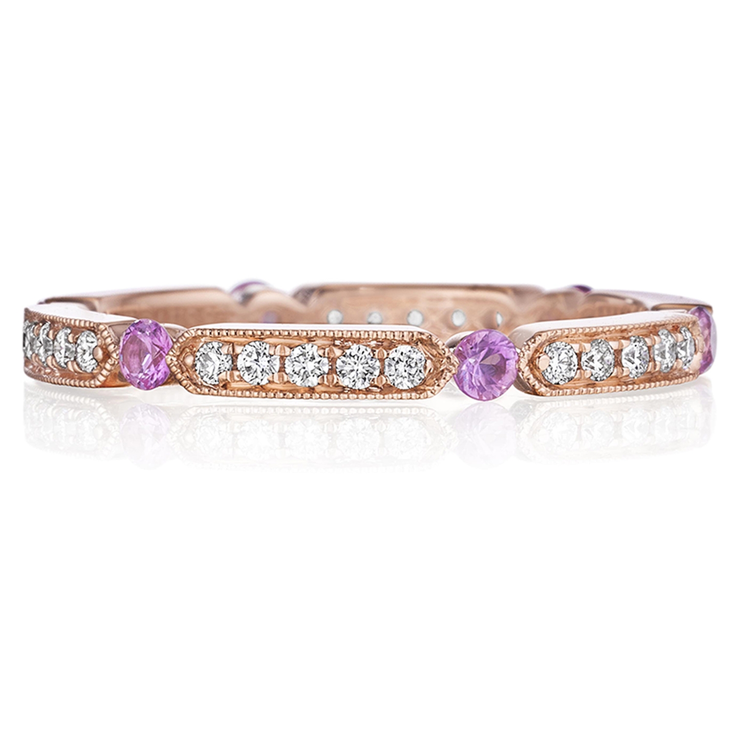 Henri Daussi R44-7 Rose Gold Bead Set Diamond and Pink Sapphire Band with Miligrain Detail Alternative View 3