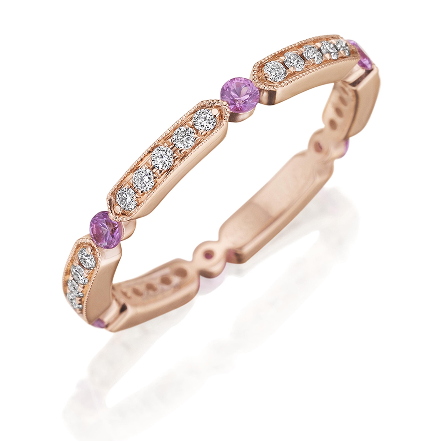 Henri Daussi R44-7 Rose Gold Bead Set Diamond and Pink Sapphire Band with Miligrain Detail Alternative View 2