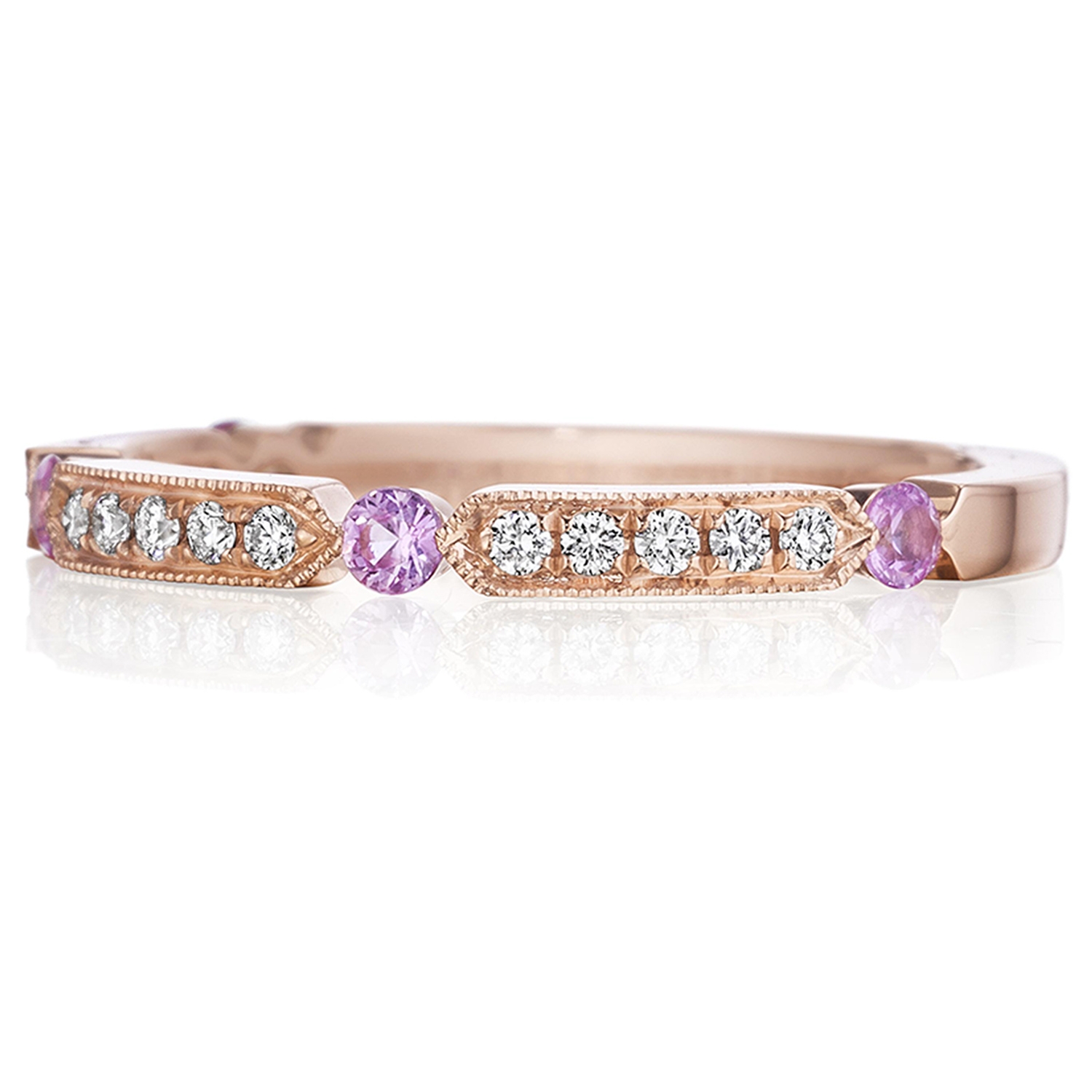 Henri Daussi R44-7 Rose Gold Bead Set Diamond and Pink Sapphire Band with Miligrain Detail