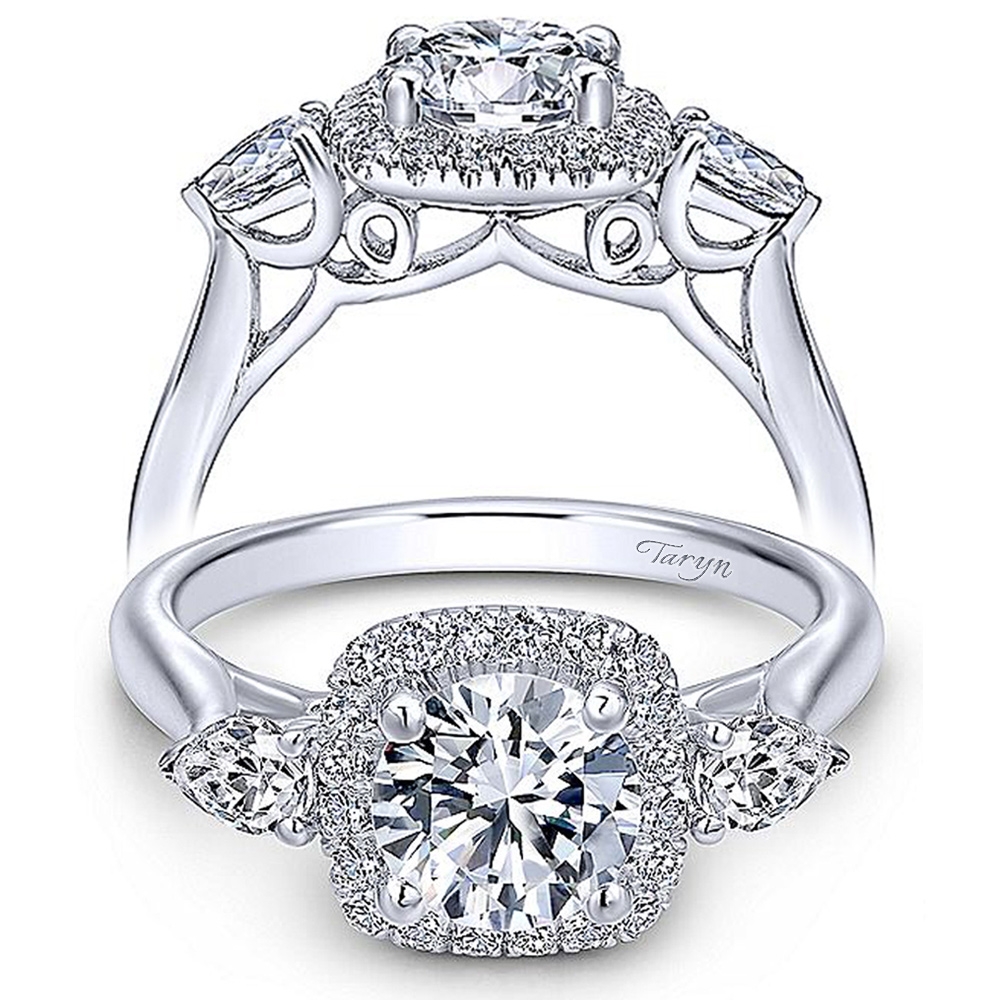 Taryn 14k White Gold Round 3 Stones Halo Engagement Ring TE10785W44JJ 