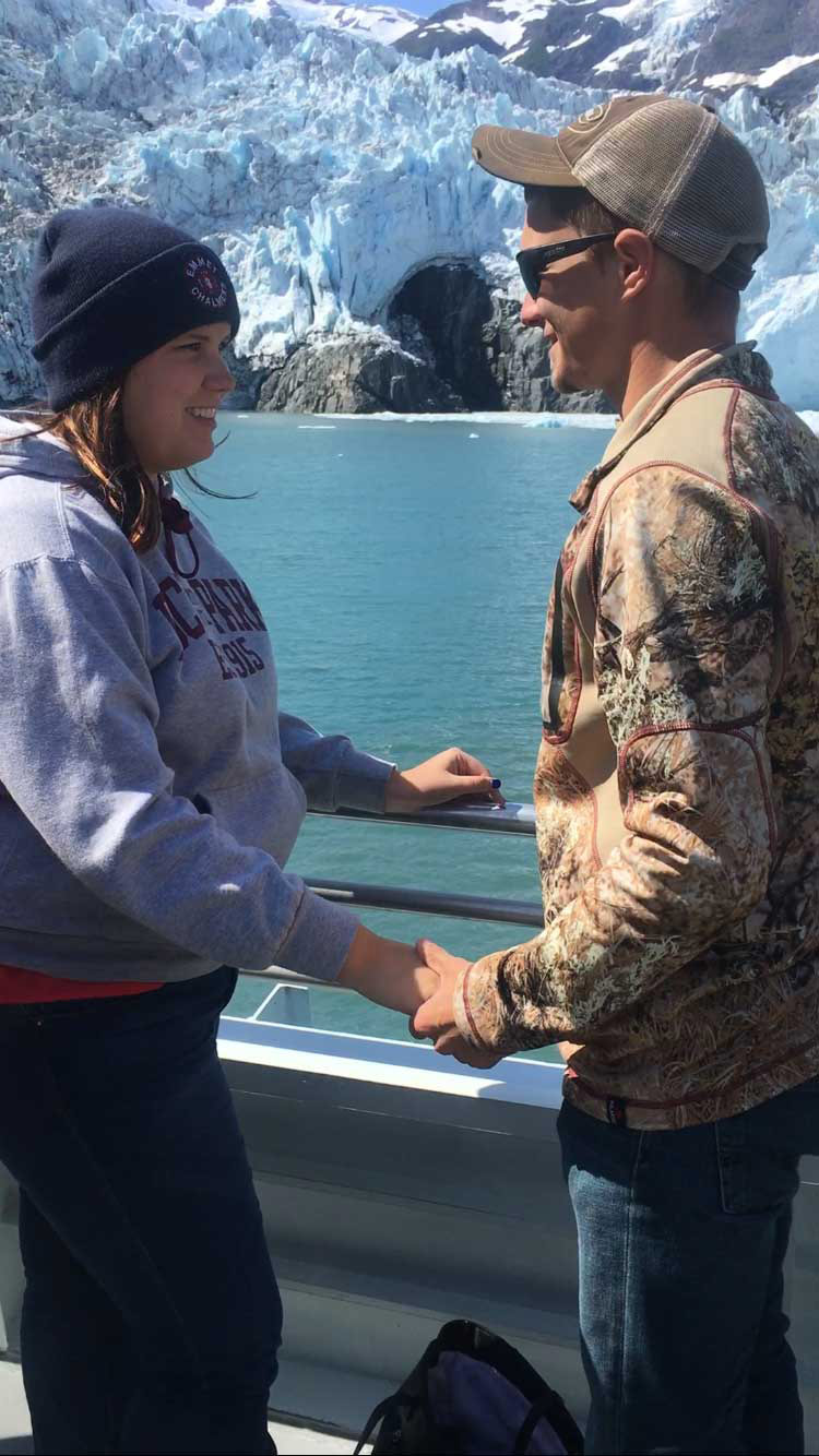 Paige and Brendan surprise proposal glacial tour Alaska Verragio