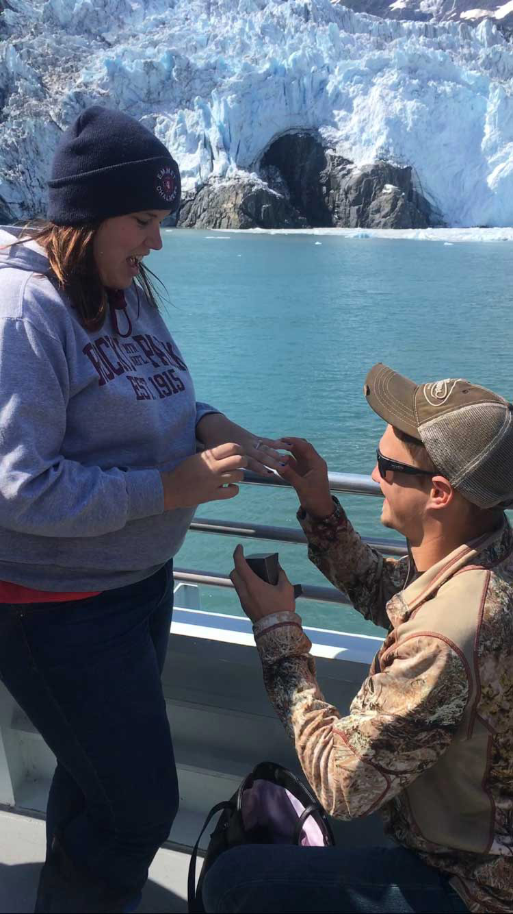 Paige and Brendan surprise proposal glacial tour Alaska with Verragio
