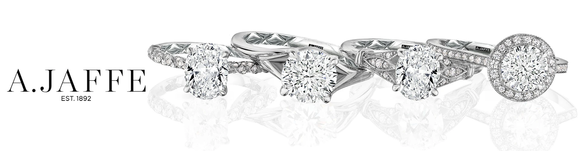 A.JAFFE logo beside a selection of diamond engagement rings