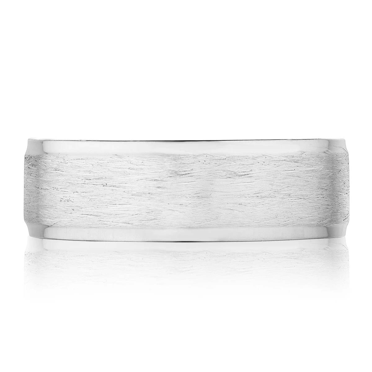 Tacori 144-7WB men’s 7 mm white-gold wedding band with a brushed face, polished beveled edges and Crescent interior
