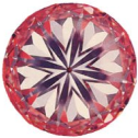 An ideal-cut diamond seen from below in a viewer, showing its pattern of hearts